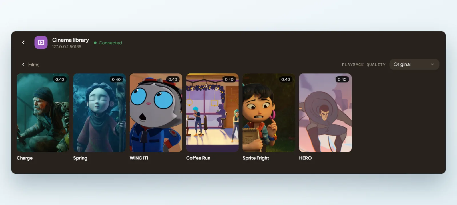 AIX Player browsing the films on a connected media server, with the playback quality picker