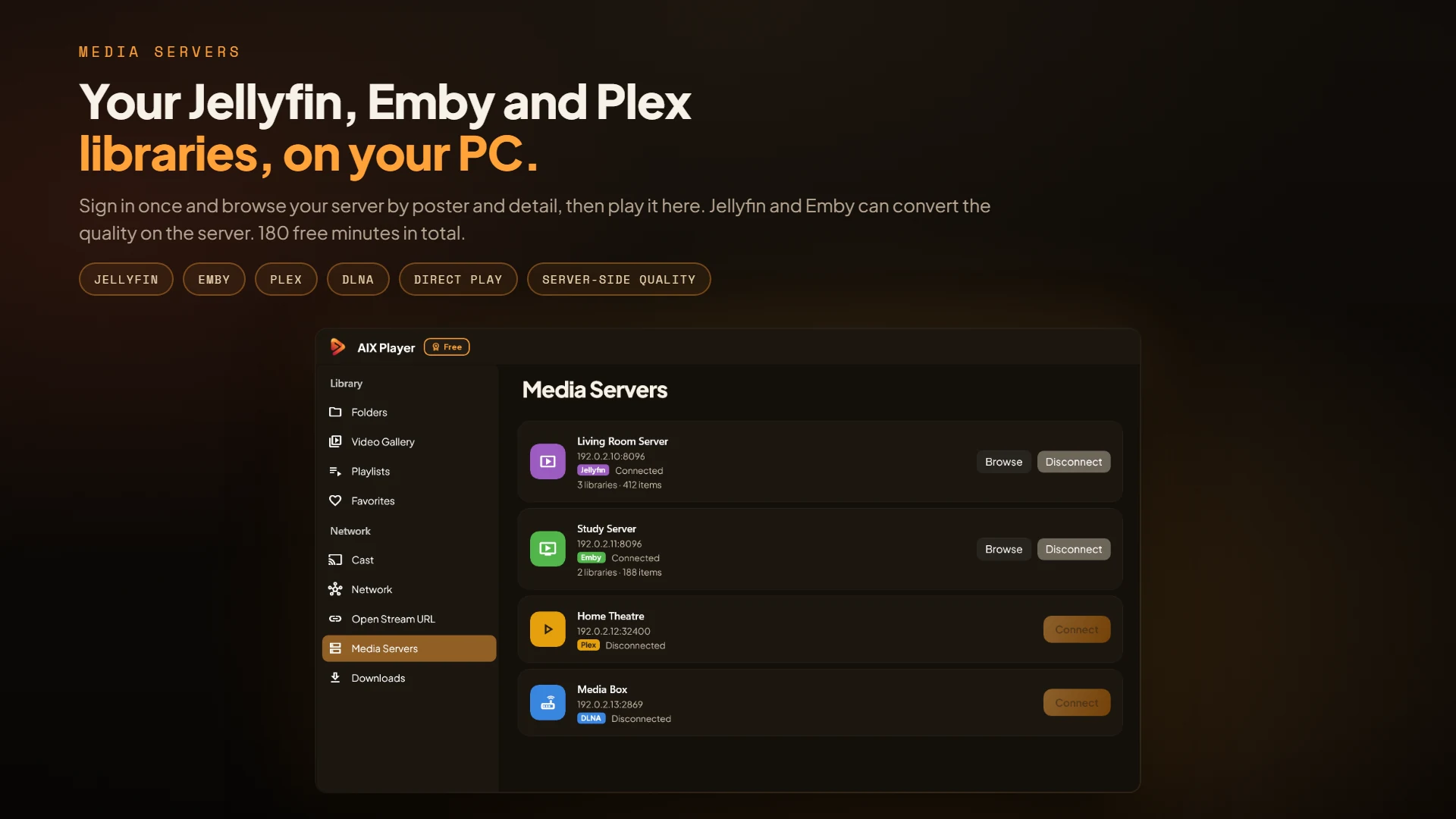 AIX Player Media Servers page listing connected Jellyfin, Emby, Plex and DLNA servers